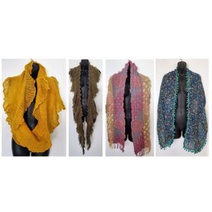 4 Boho Multi-Style Scarves Bundle: Ruffle, Fringe, Patchwork Bubble, Pom-Pom